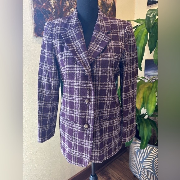 EUC Alfred Dunner  vintage Blazer  Womens Purple Plaid Tweed Button Pockets Sz6p - Picture 1 of 9